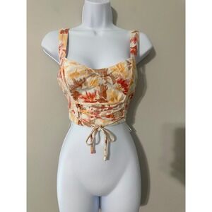 Abercrombie & Fitch Linen Blend Floral Corset Crop Top Smocked Back Lace Up Sz S
